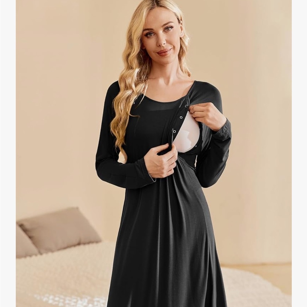 Ekouaer Black Hospital Gown Nursing Maternity Dress with Back Snaps Size M - Picture 2 of 4